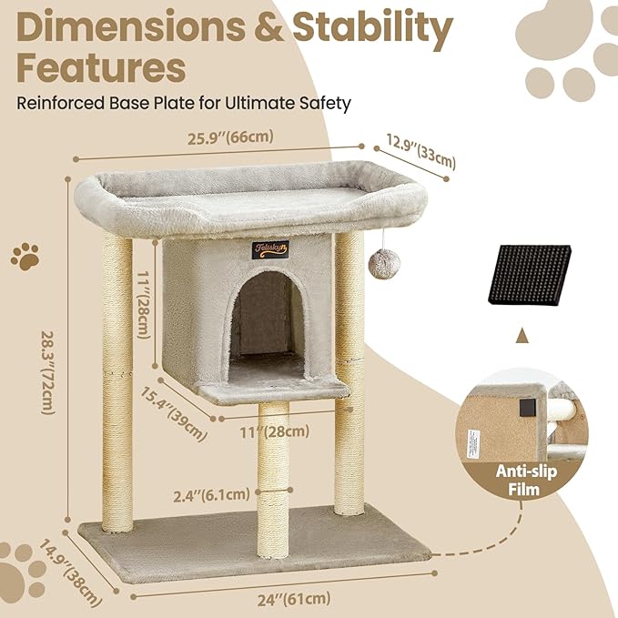Small Cat Tree Tower for Indoor Large Cats, Cat Scratching Post with Big Perch Bed, 28in Tall Trees House with Condo Cave, Toy Balls, Modern Climbing Furniture Big Platform for Kitten (Light Gray)