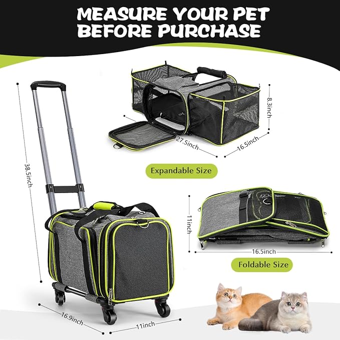 Pet Carrier with Wheels for Cat and Small Dog, Expandable Airline Approved Pet Carrier for Animal Under 15 lbs, Rolling Cats Puppy Carriers Travel Bag for Traveling and Camping