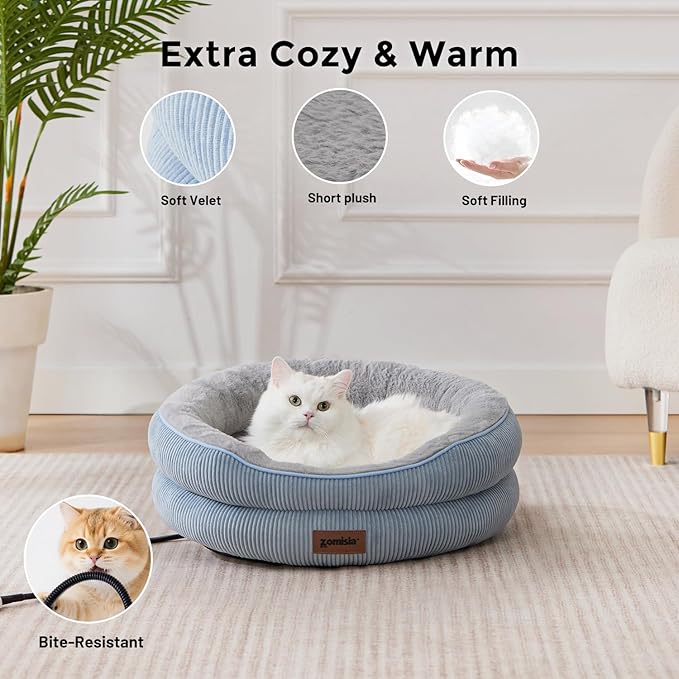 Heated Cat Bed Indoor - Adiustable Temperature Pet Heating Bed with Timer and Chew Resistant Cord, Washable Puppy Bed with Non-Slip Bottom, 21" x 21" x 8", Blue