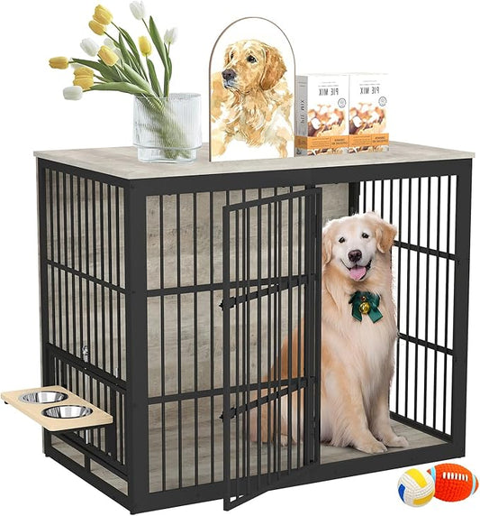 Dog Crate Furniture, 48 Inch Dog Kennel Furniture, Wooden ?�ƒog Crate Furniture Large Breed with Rotating ?˜‹og Bowls, Heavy Duty ?——og Cage Furniture Indoor,Decorative Dogs Crates End Table,Gray