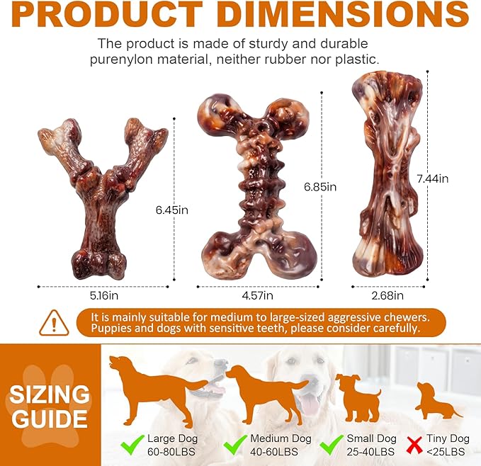 Dog Toys for Aggressive Chewers - 3 Pack Bacon Flavored Indestructible Dog Toy, Tough Chew Bone for Medium Large Breed 25-80lbs to Keep Them Busy