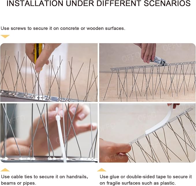 OFFO Bird Spikes with Stainless Steel Base, Durable Bird Spikes Arrow Pigeon Spikes Fence Kit for Keeping Small Bird, Crows and Woodpeckers Away, Covers 3.4 Feet(1.04m)
