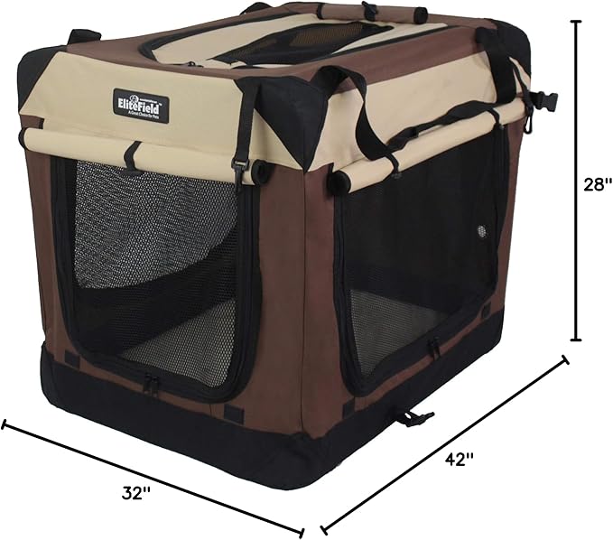 EliteField 4-Door Folding Soft Dog Crate with Curtains, Carrying Bag and Fleece Bed (2 Year Warranty), Indoor & Outdoor Pet Home (42" L x 28" W x 32" H, Brown+Beige)