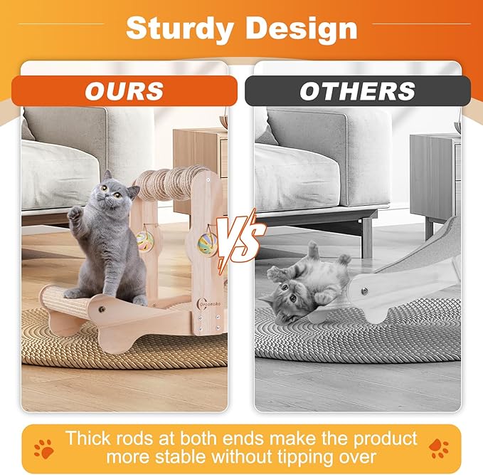 Oroonoko 4-in-1 Cat Scratcher Bed with Scratching Balls & Bells, Large Sisal Scratching Post, Cat Hammock Bed for Indoor Cats, Anti-Tip Wood Base, Cat Bed & Scratch Pad for Large Cats up to 50 lbs