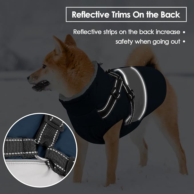 SUNFURA Dog Coat for Large Dogs, Warm Pet Jacket Winter with Harness Built in, Waterproof Pet Snow Jacket with Furry Collar, Reflective Fleece Snowsuit for Extra Large Dogs, Navy Blue XL