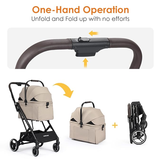 X2 Pet Stroller, Dog Cat Stroller for Small Pets, Equipped with Detachable & One-Click Folding Carrier, Waterproof Pad & Sunshade Canopy,Camel