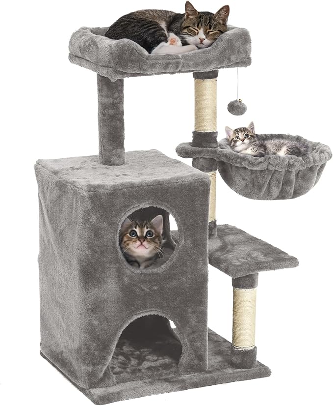 Multi-Level Cat Tree Tower for Large Cats with Scratching Posts, Condos, Perch, Hammocks & Toys, Cat Jungle Gym for Indoor Cats, Ideal for Multi-Cat Households, Grey