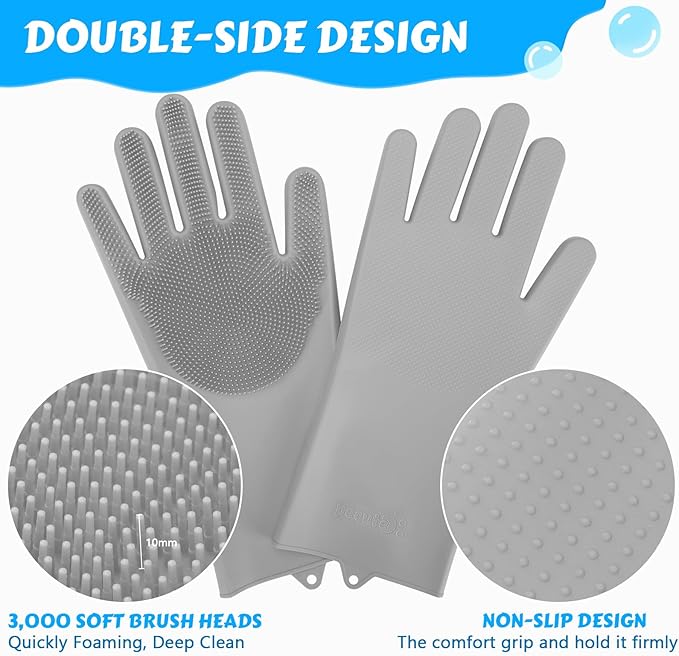 Pecute Pet Grooming Gloves, Large, Gray, Heat Resistant, High-Density Teeth, Silicone Dog Bathing Gloves with Enhanced Five Finger Design, for Washing, Bathing, and Massaging