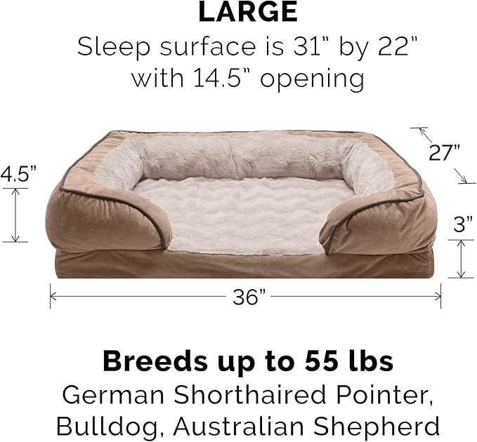 Furhaven Orthopedic Dog Bed for Large/Medium Dogs w/ Removable Bolsters & Washable Cover, For Dogs Up to 55 lbs - Plush & Velvet Waves Perfect Comfort Sofa - Brownstone, Large