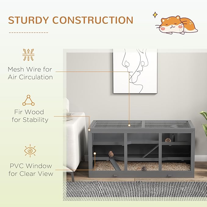 PawHut 45" Extra Large Wooden Hamster Cage, 3-Layer Rat Cage with Opening Roof, PVC Window, Small Animal Habitat for Gerbil, Dwarf & Syrian Hamsters, Gray