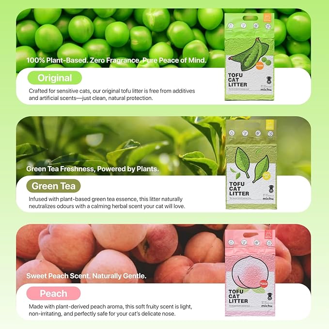 Michu Tofu Cat Litter Natural Clumping Tofu Cat Litter, Fast Clumping and Easily Scoop-able 5.5lb/88oz 5 Scents - Peach, 6 Pack