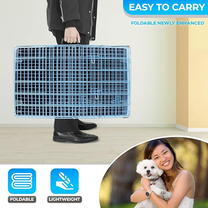 FDW Dog Crate for Small Dogs 24 Inch Folding Metal WirePet Cage Double Door W/Divider Panel Indoor Outdoor Kennel Leak-Proof Plastic Tray,Blue