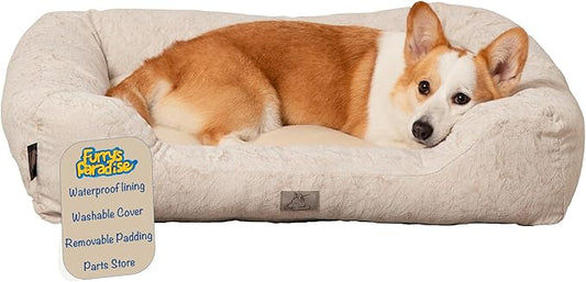 Furry's Paradise Cuddler Waterproof Bolster Pet Bed with Recycled Fibers and Non-Slip Bottom. (Brown Marble, Small)