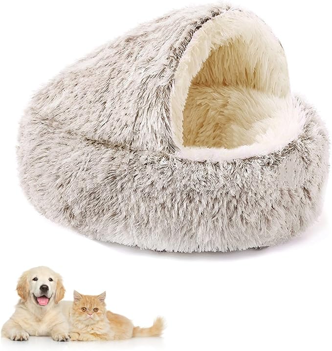 Plush Fluffy Dog and Cats Round Bed – Ultra-Soft Faux Fur Pet Shell Nest with Raised Bolster Edge, Self-Warming Calming Nest for Small to Large Pets (Coffee, X Large（31.5“/<75lbs)