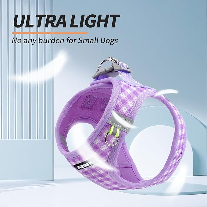 AIITLE Small Dog Harness with Leash – Soft Breathable Mesh, Plaid Pattern & Reflective Strips – Ideal for Training, Running & Party Outings (S, Purple)