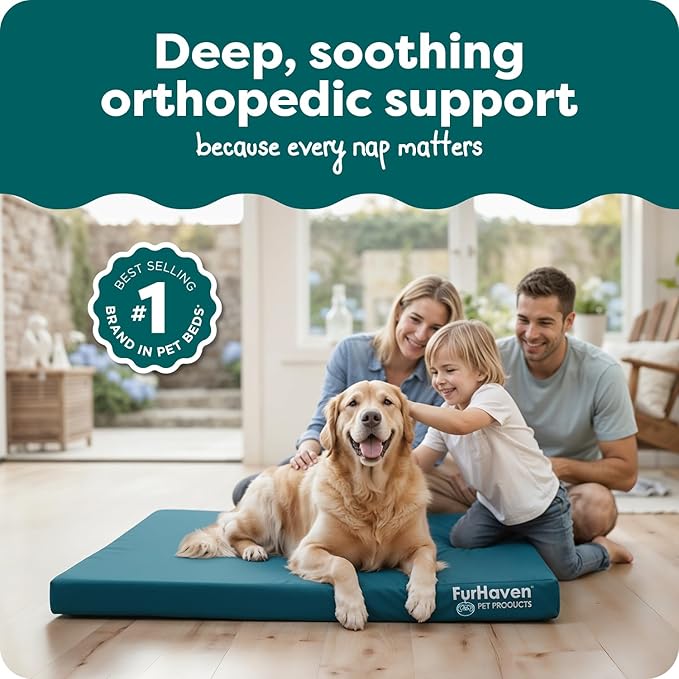 Furhaven Water-Resistant Orthopedic Dog Bed for Large Dogs w/ Removable Washable Cover, For Dogs Up to 95 lbs - Indoor/Outdoor Logo Print Oxford Polycanvas Mattress - Deep Lagoon, Jumbo/XL