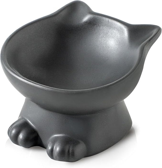Nihow Slanted Elevated Cat Bowls: 5 Inch Ceramic Raised Cat Food Bowl for Protecting Pet's Spine - Microwave & Dishwasher Safe -Matte Black (4.5 OZ /1 PC)