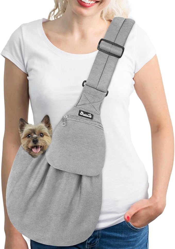 SlowTon Dog Carrier Sling - Thick Padded Shoulder Strap Adjustable Dog Carriers for Small Dogs, Puppy Carrier Purse for Pet Cat with Front Zipper Pocket Safety Belt Machine Washable (Light Gray, M)