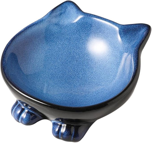 Nihow Ceramic Basic Cat Bowl: 5 Inch Cat Dish for Food & Water - Food Grade, Microwave & Dishwasher Safe - Elegant Blue & Black (4.25 OZ /1 PC)