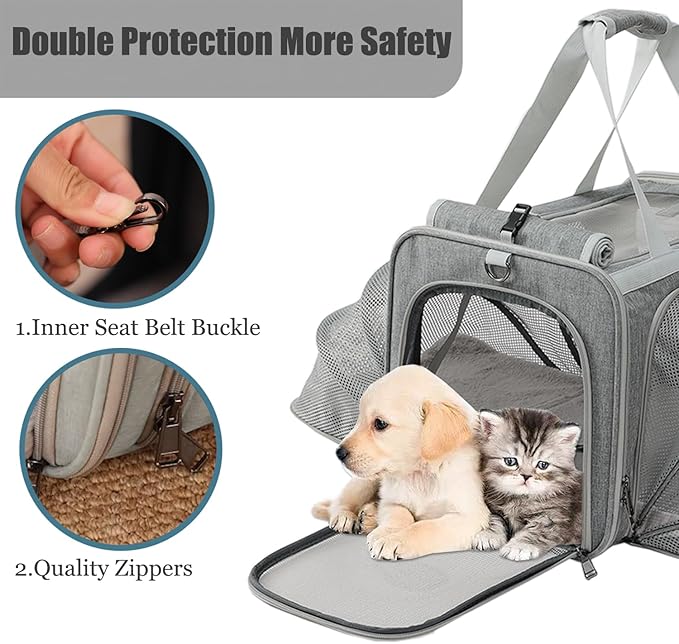 Dog Carrier Cat Carriers Grey Soft Pets Bag Airline Approved Dog Carrier for Small Dogs Carrier,2 Sides Expand,Stylish Rabbit Bunny Pets Carriers Travel Outdoor Carry Kennel