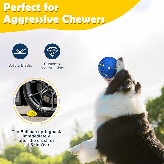 2 Pack Dog Balls Indestructible Tennis Balls for Dogs Durable Bouncy Dog Toy Balls for Aggressive Chewers Interactive Dog Toys for Water Toy Fetch Balls (Yellow,Blue)