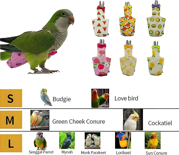 6PCS Washable Reusable Bird Diapers with Waterproof Lining & Adjustable Straps – Soft Parrot Diaper Clothes Costume Set for for Parakeets, for Budgies, for Mini Macaws (M)
