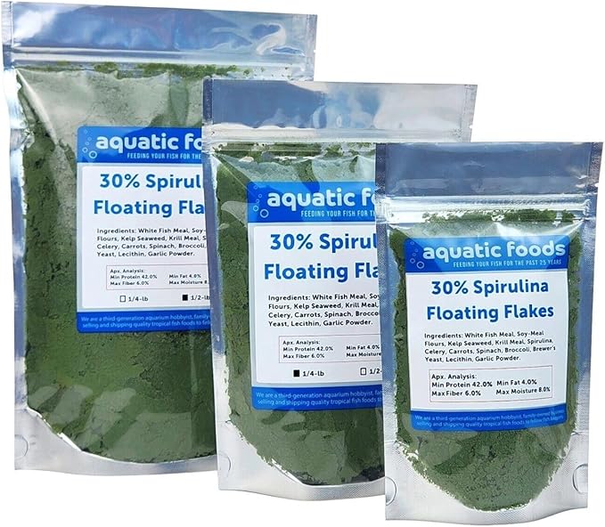 Aquatic Foods Inc. 30% Spirulina Premium Flakes for African Cichlids, All Central and South American Cichlids, Koi, Pond Fish, All Community Tropical Fish...WL…1/4-lb Foil Pouch Bag