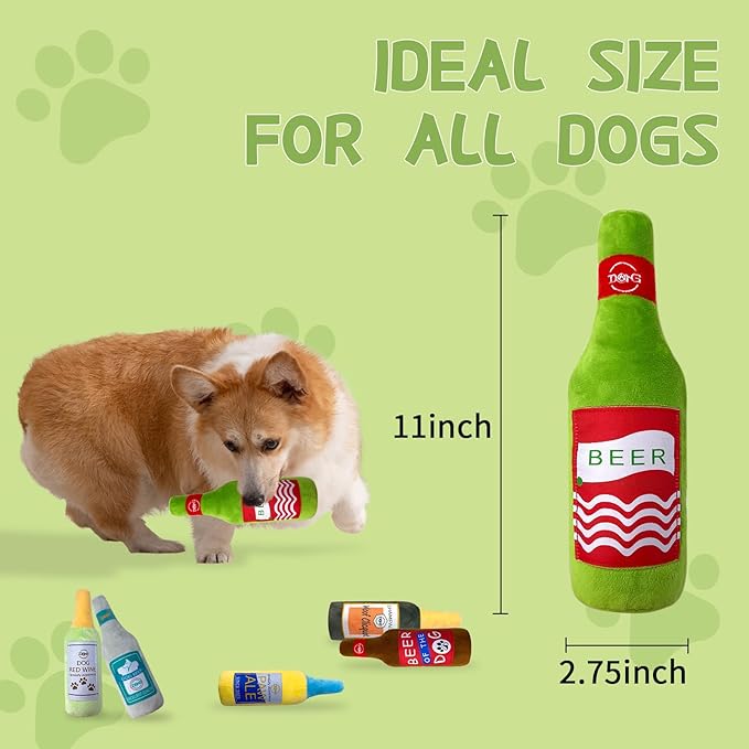 Plush Squeaky Dog Toy - Dog Beer Shape Interactive Chew Toy for Small/Medium/Large Dogs, Stuffed Funny Dog Toys, Ideal for Indoor Home Play & Outdoor Activities, Puppy Birthday Gift (3 Pack)