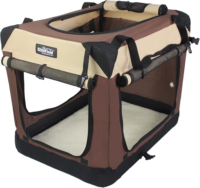 EliteField 4-Door Folding Soft Dog Crate with Curtains, Carrying Bag and Fleece Bed (2 Year Warranty), Indoor & Outdoor Pet Home (36" L x 24" W x 28" H, Brown+Beige)