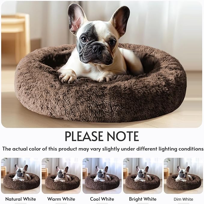 JOLLYVOGUE Calming Dog & Cat Bed for Small Dogs, Anti-Anxiety Donut Cuddler Cozy Soft Round Bed with Anti-Slip Bottom, Fluffy Faux Fur Plush Cushion Beds for Small Medium Dogs (27")