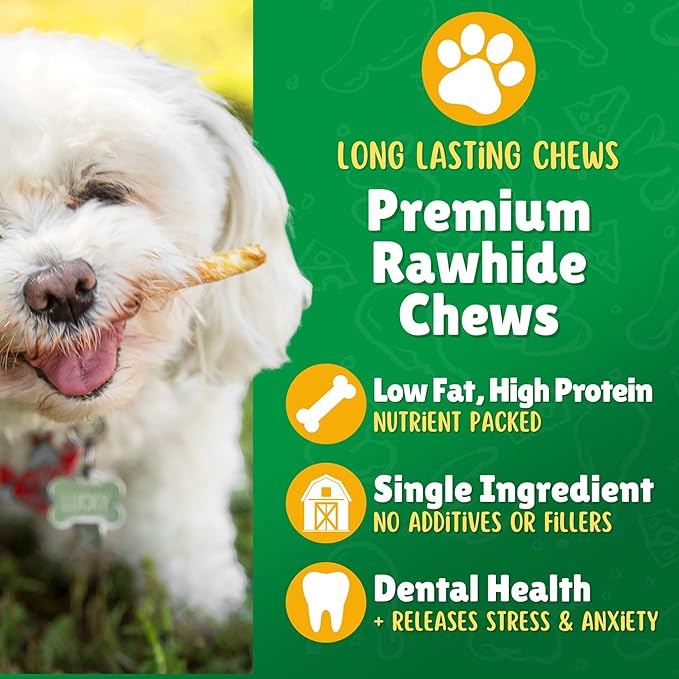 Natural Rawhide Twist Sticks Dog Treats – 60ct. Premium Rawhide Chew Sticks – Long Lasting Chews for Small Dogs and Puppy Treats Made with Natural Beef Hide
