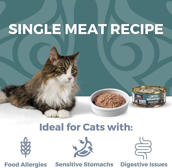 KOHA Limited Ingredient Diet Venison Paté for Cats - Single Meat Cat Food for Sensitive Stomachs - Paté Venison Cat Food with No Fillers - 5.5 oz Pack of 24