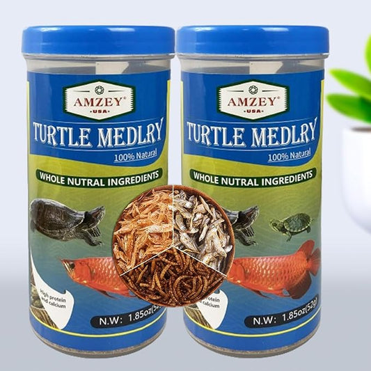 Amzey 2 Pack Aquatic Turtle Food, Vitamin, Enriched Medley Treats of Freeze, Dried Mealworms, River Shrimp & River Fishes, High Protein Turtle Medley Food for Aquatic Tortoise, 3.7 Ounce Total