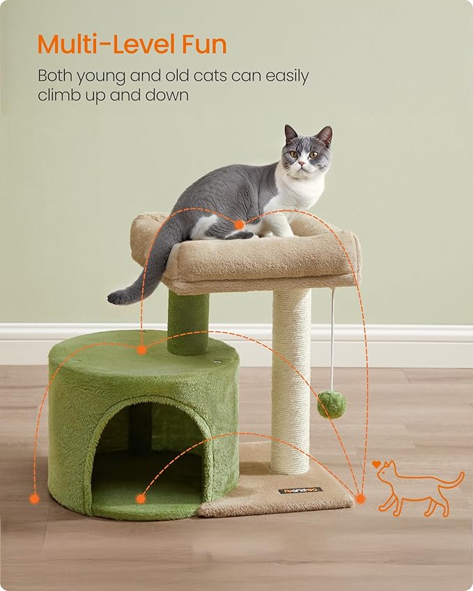 Feandrea Cat Tree Tower with Sisal Scratching Post, Cat Condo with Padded Perch, for Small Spaces, Kittens, Grass Green and Camel Brown UPCT050C01