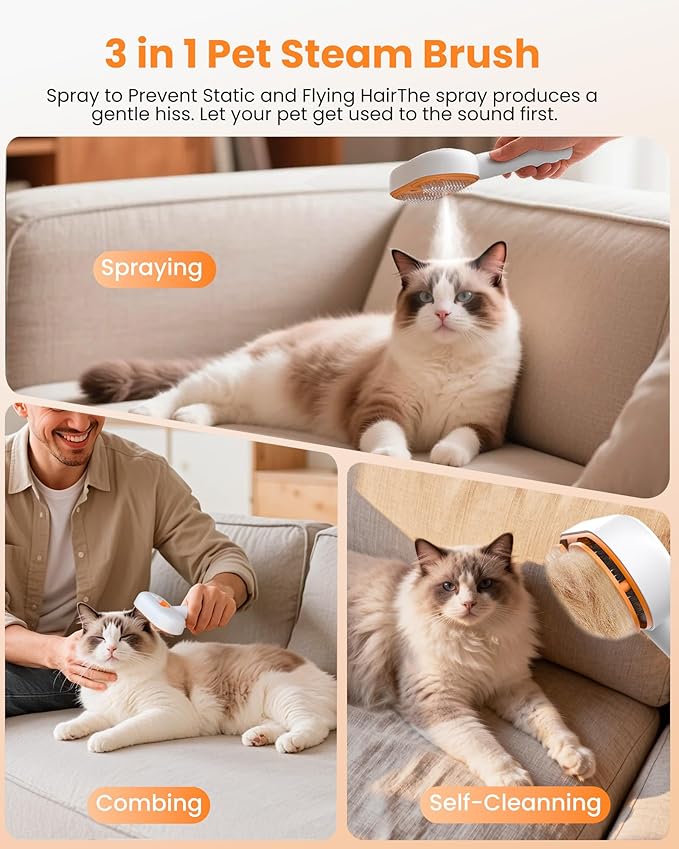 Cat Steam Brush with Waterless Shampoo, Self Cleaning Cat Brush for Shedding, 3 in 1 Pet Spray Hair Removal Comb, Pet Steam Brushes for Long and Short Haired Dog, Cool Mist Only