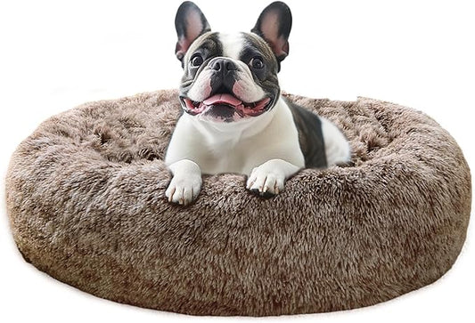 JOLLYVOGUE Medium Calming Dog Bed, Anti-Anxiety Donut Cuddler Cat Bed with Anti-Slip Bottom, Fluffy Faux Fur Machine Washable Pet Cushion for Medium Dog & Cat, 27"/Smoke Brown