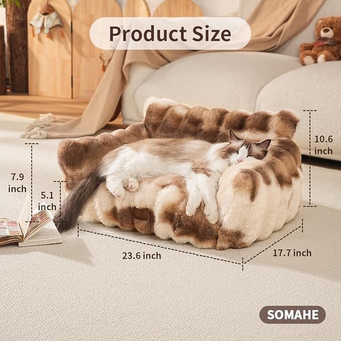 Cat Bed for Indoor Cats Dog Couch Cat Couch Bed Washable Dog Beds for Small Dogs & Cats with Removable Cover, Fluffy Pets Couch with Non-Slip Bottom 24"X18"X10"Beige