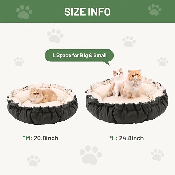 Cat Bed for Indoor Cats, 24.8 Inch Adjustable Small Dog Beds for Puppy & Kitty, Round Kitten Bed with Drawstring, Extra Soft & Machine Washable