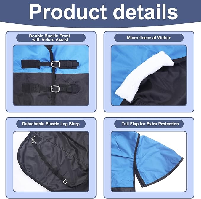600 Denier Rip-Stop Horse Rain Sheet Lightweight Waterproof and Breathable Turnout Horse Blanket (No Fill) RoyalBlue/Black 78