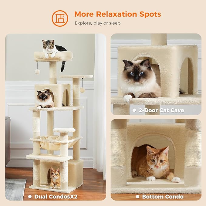 PAWZ Road Cat Tree, 53.5 Inches Tall Cat Tower with Spacious Hammocks, Condos and Scratching Posts, Cat House with Dual Padded Perches for Indoor Large Cats-Beige