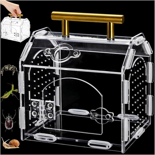 Jumping Spider Enclosure with Handle, Acrylic Reptile Habitat with One-Click Magnetic Closure, Front Opening Small Terrarium with Ventilation Holes for Tarantulas, Frogs, Gecko, Mantis