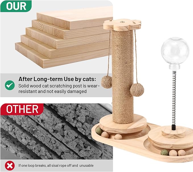 Sisal Scratching Post for Cat Kitten Small Cat Scratcher with Cat Food Feeder，Interactive Toy,Hanging Ball,Wooden 2 Level Track