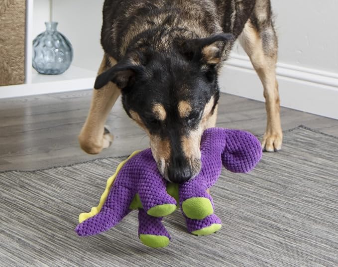 goDog Dinos Bruto Checkers Tough Plush Toy with Chew Guard Technology, Durable Checkered Fabric & Squeaker for Active Play, Purple, Large