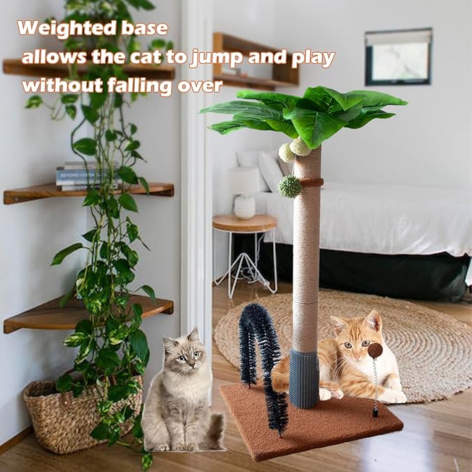 29.5 Inches Tall Cat Scratching Post with Arch Self Groomer Hanging Spring Balls,Brown Palm Sisal Cat Tree Kitty Activity Center for Adults Cats Kitten Indoor Cats
