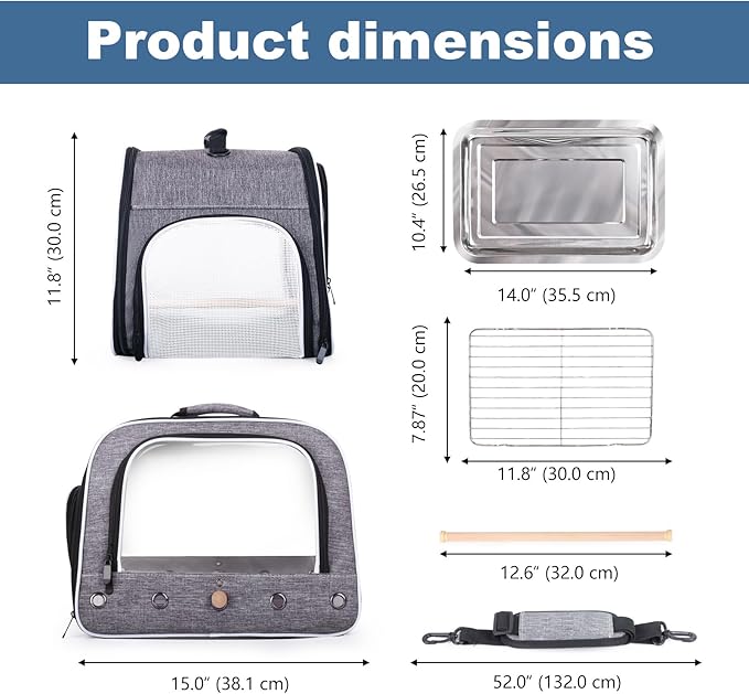 halinfer Bird Carry Carrier to Transport Large Size Parrot, Portable Bag with Metal Tray and Grid for Medium and Large Birds Like African Grey, Long Tail Cockatiel and Parrot