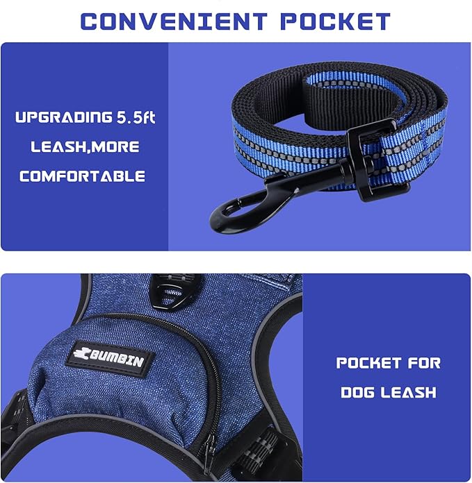BUMBIN Dog Harness for Large Dogs, No Pull Adjustable No Choke Pet Vest with Dog Leash Fit Smart Reflective Pet Walking Harness for Training Easy Control Soft Handle Denim Blue M