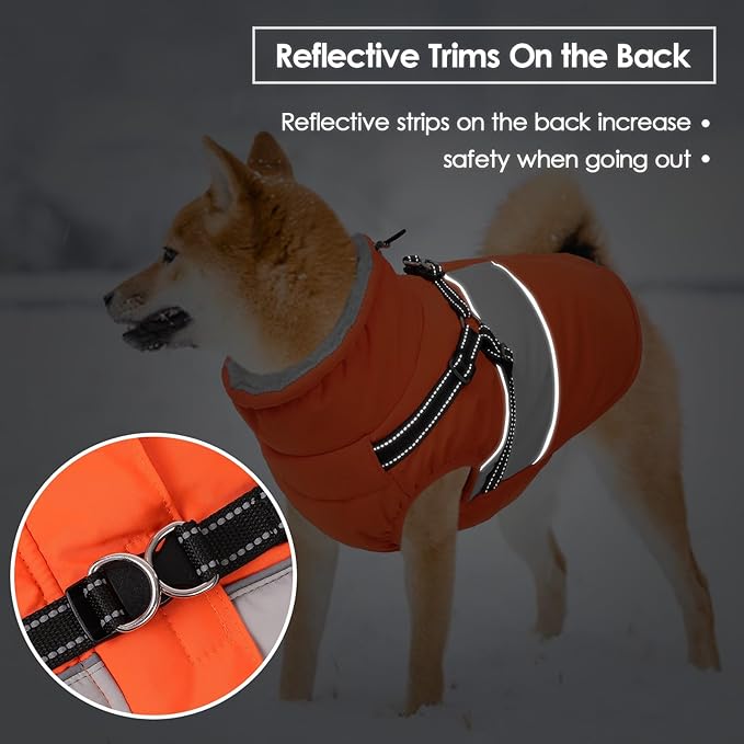 SUNFURA Small Dog Coat with Harness Built in, Warm Dog Jacket Winter with Zipper On Back, Waterproof Pet Snow Jacket Snowsuit Pet Sweater Clothes for Schnauzer, Yorkshire Terrier, Orange S