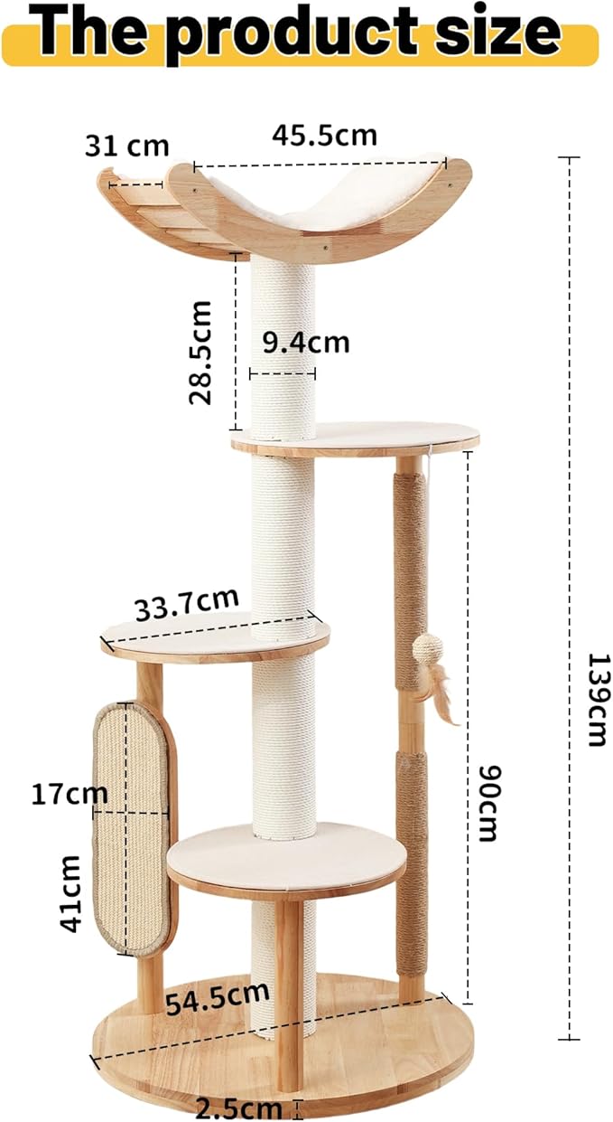 KVIDA Solid Wood Cat Tree 54.7" – Modern Floor Cat Tower for Large & Multiple Cats, Stable Rubber Wood Design with Hammock, Sisal Scratch Posts & Easy-Clean No-Carpet Platforms