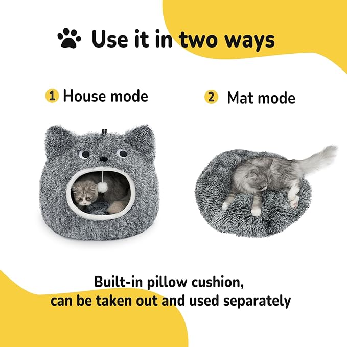 CATISM Cat Bed for Indoor Cats - Cat Bed Cave Washable, Soft Plush, Removable Pillow, Non-Slip Base, Large Cave for Kitty