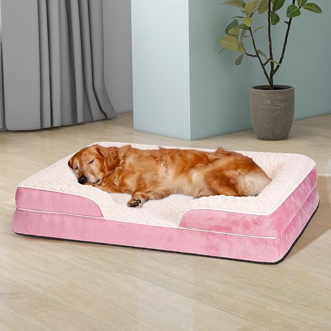 Orthopedic Dog Bed for Large Medium Sized, Washable Memory Foam Large Dog Bed, Medium Pet Sofa with Removable Cover, Washable Waterproof Pet Couch Beds(Pink, L)
